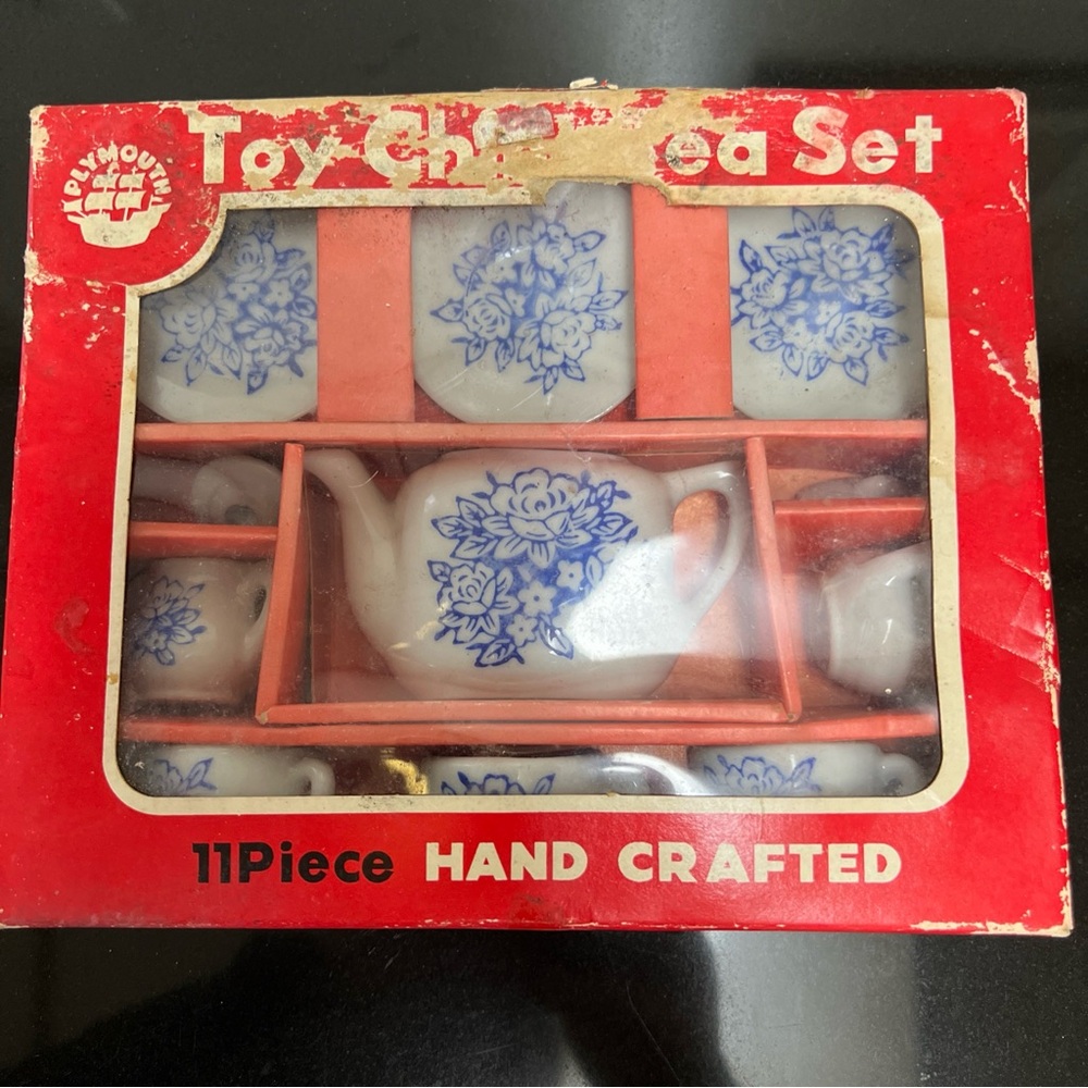 Vintage 11 Piece Porcelain China Tea Set Blue/White Floral Japan In Box